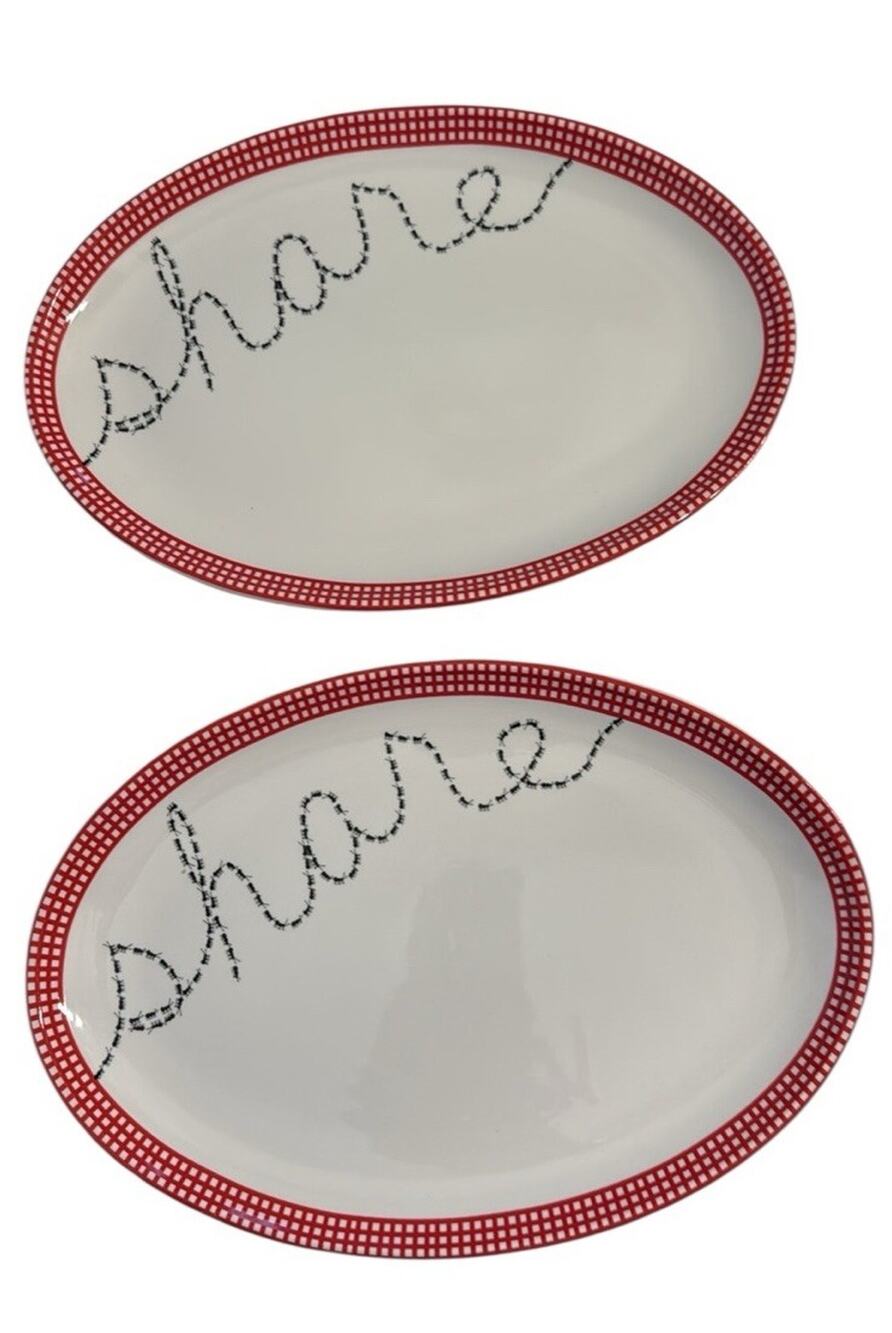 Tag Ceramic Oval Platters Set of 2, Red White Black, Share Script, 13" x 9.5"